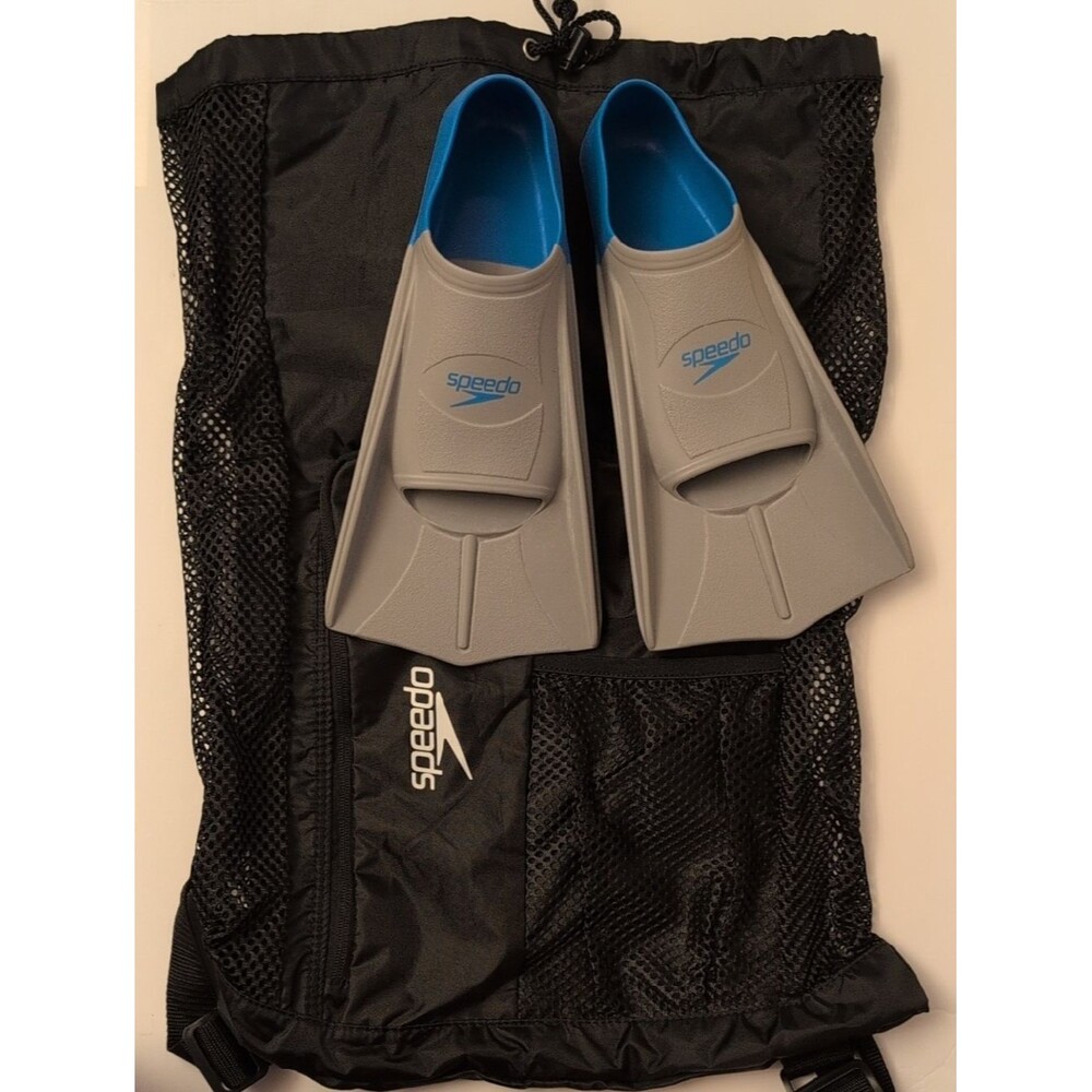 Speedo Short Blade Swim Fins Gray Blue & Ventilator Deluxe Mesh Bag - Size 6-7